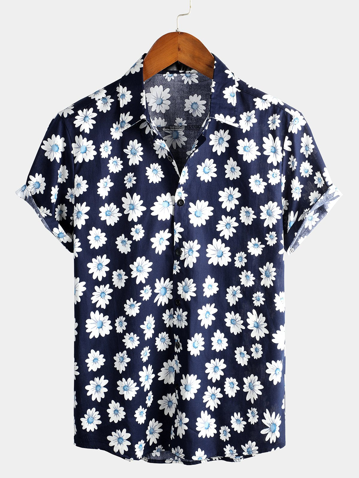 Camisa hawaiana tropical de algodón con estampado de margaritas para hombre