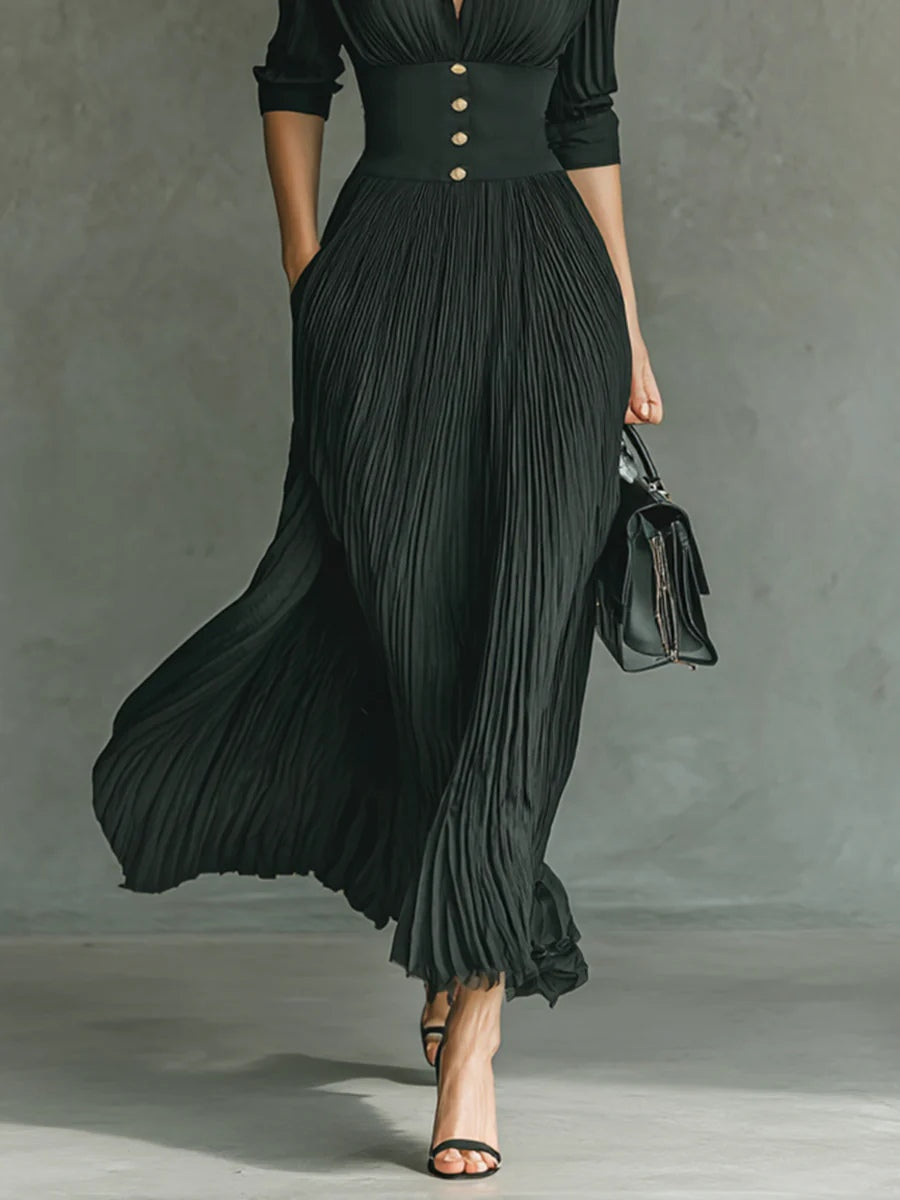 Elvira | Long Pleated Dress with Lapel and High Waist
