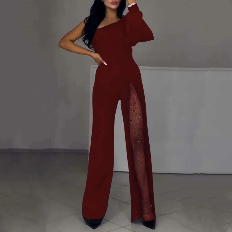Women's One-Shoulder Jumpsuit in Glittery Mesh with Flared Top