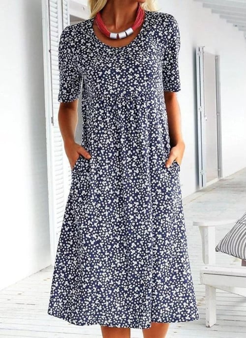 Vestido floral con escote redondo y lazo para mujer (8 colores con bolsillos)