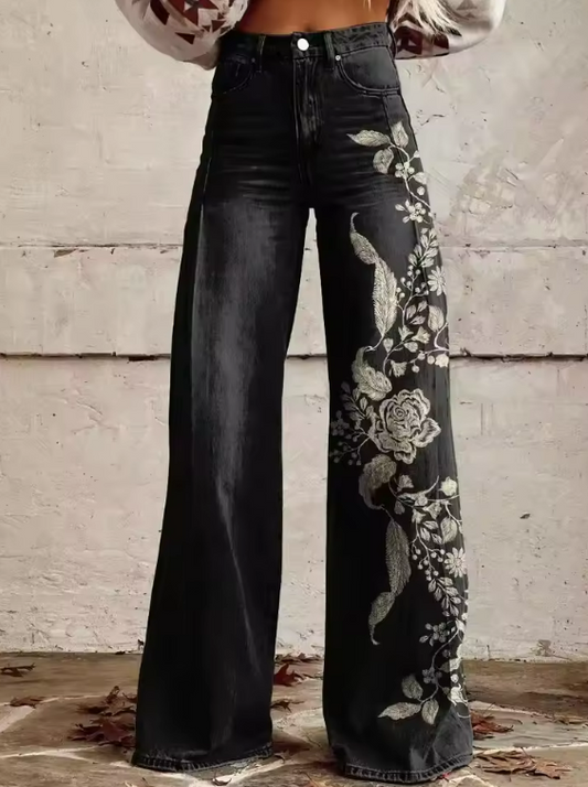 MARTINE | Elegante pantalón vintage negro con estampado floral