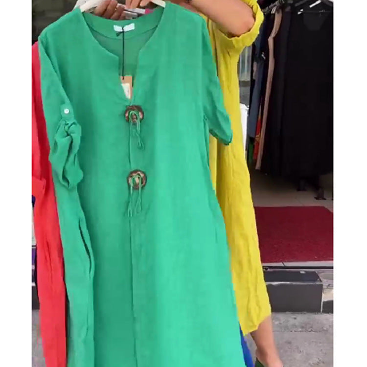 👗✨Vestido casual de cuello en V de algodón y lino