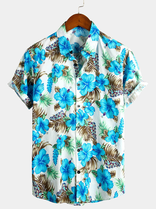 Camisa de algodón puro para hombre con estampado de estilo festivo hawaiano