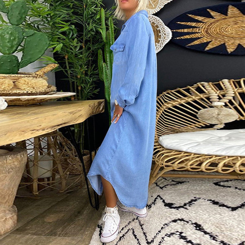 Leena™ - Vestido largo vaquero de manga larga