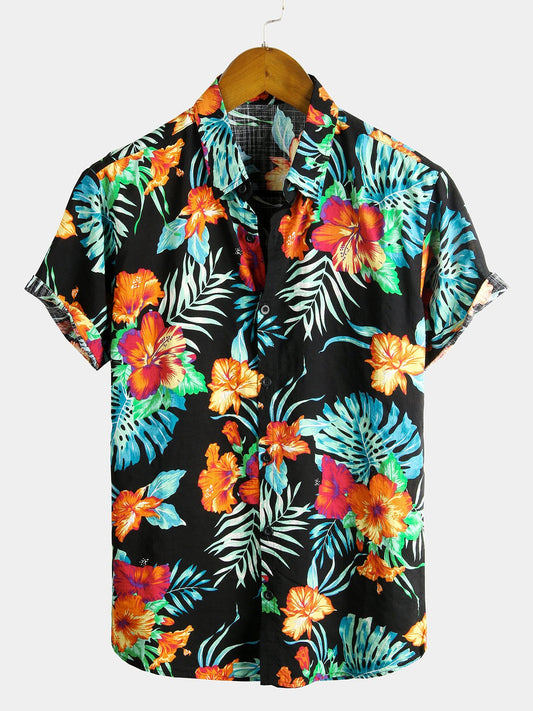 Camisa de algodón puro para hombre con estampado de estilo festivo hawaiano