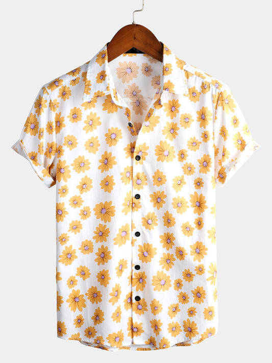 Camisa hawaiana tropical de algodón con estampado de margaritas para hombre