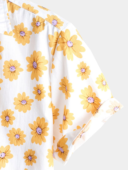 Camisa hawaiana tropical de algodón con estampado de margaritas para hombre