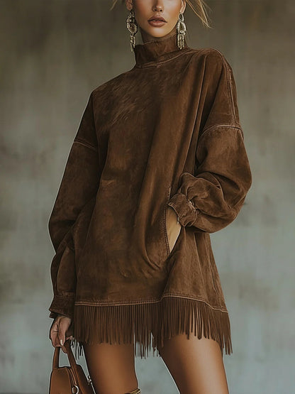Gabriela | Suede Dress with High Neck and Fringes