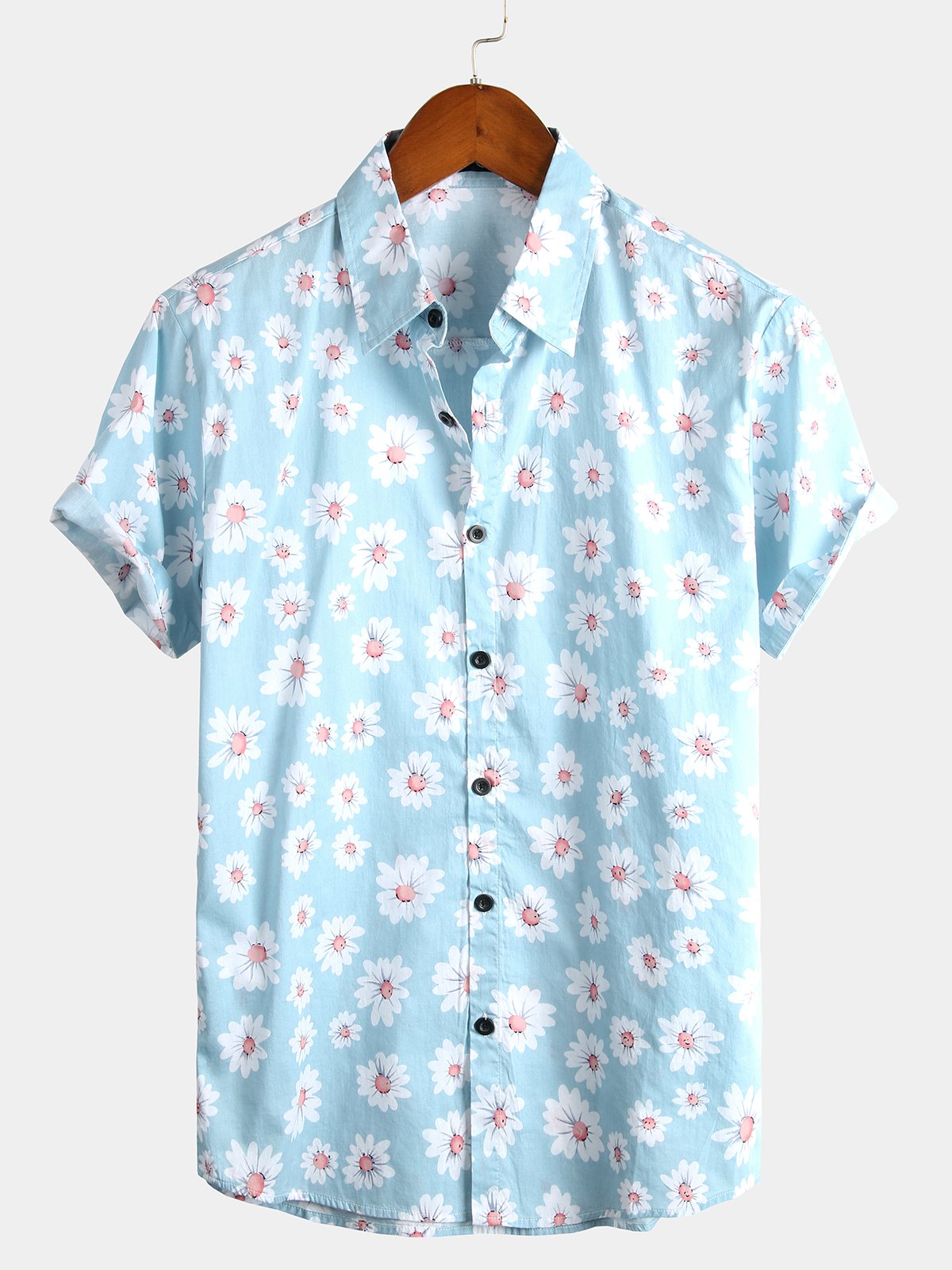 Camisa hawaiana tropical de algodón con estampado de margaritas para hombre