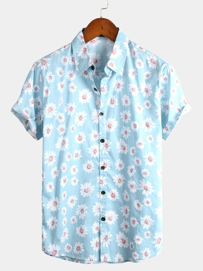 Camisa hawaiana tropical de algodón con estampado de margaritas para hombre