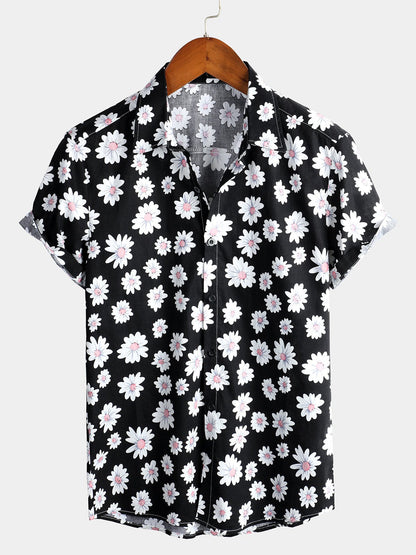 Camisa hawaiana tropical de algodón con estampado de margaritas para hombre
