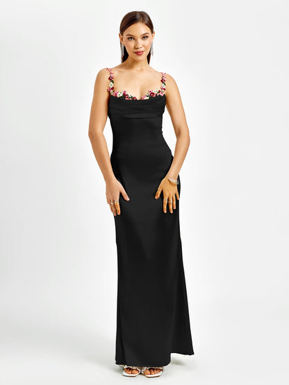 Embellished Strap Tie Back Satin Bodycon Dress