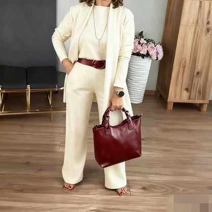 Elegante conjunto de 3 piezas con cárdigan largo, top y pantalón 