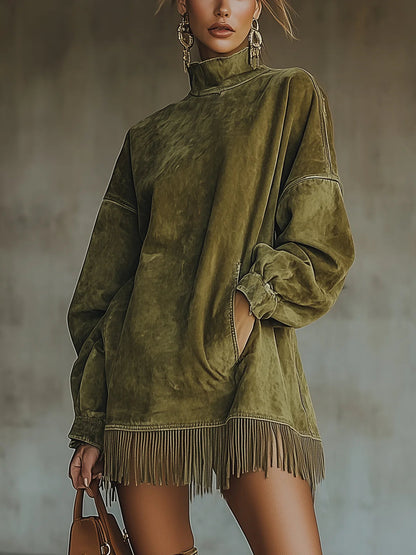 Gabriela | Suede Dress with High Neck and Fringes