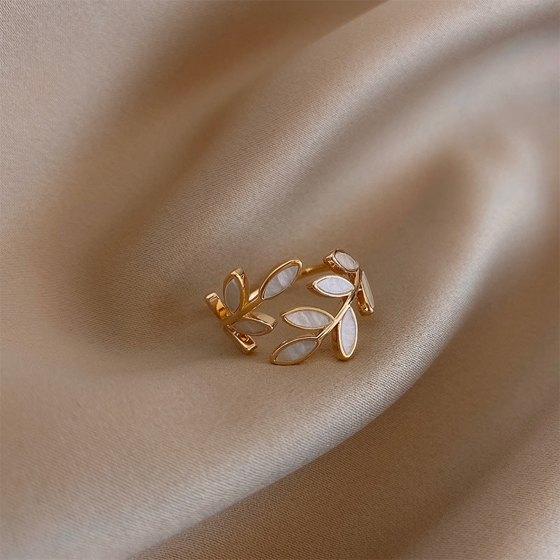 Adjustable Gold Ring with Leaf Design and White Opal