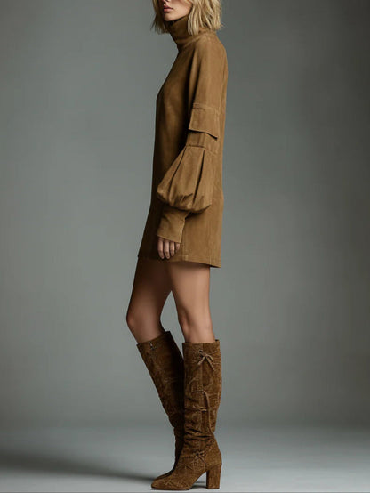 Beli | Loose Suede Mini Dress with High Neck