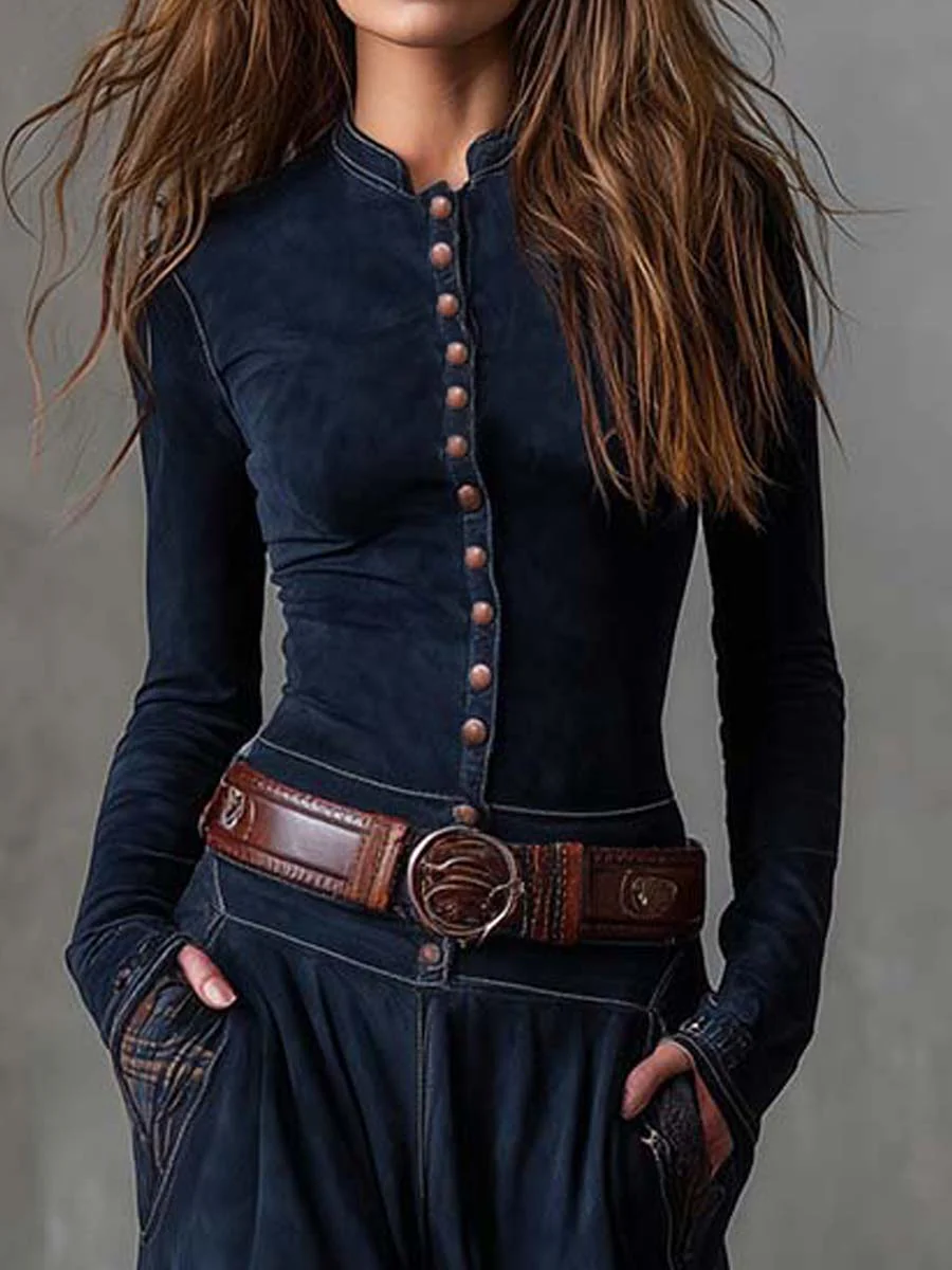 MAJA | Vestido maxi azul marino de ante con cinturón