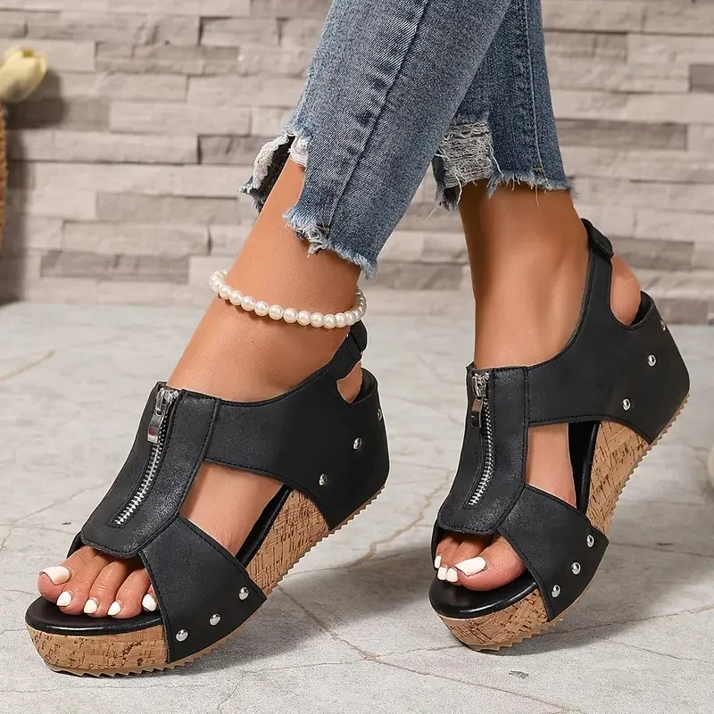 Sandalias de cuña retro con estilo y cremallera