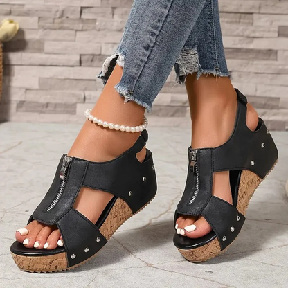 Sandalias de cuña retro con estilo y cremallera