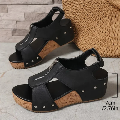 Sandalias de cuña retro con estilo y cremallera