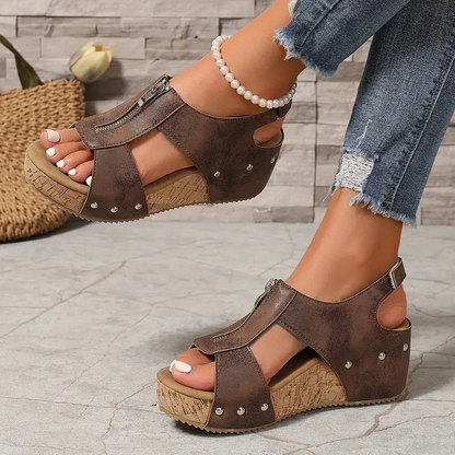 Sandalias de cuña retro con estilo y cremallera