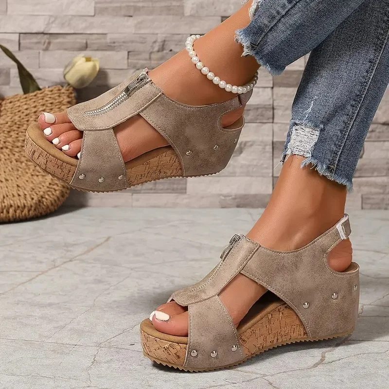 Sandalias de cuña retro con estilo y cremallera