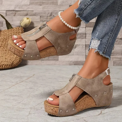 Sandalias de cuña retro con estilo y cremallera