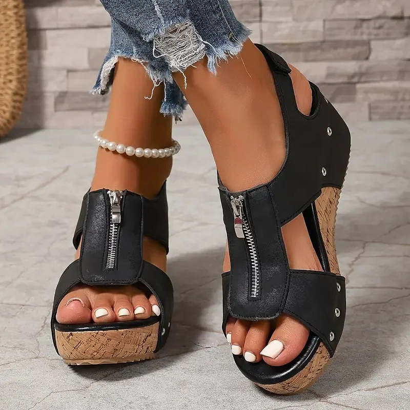 Sandalias de cuña retro con estilo y cremallera
