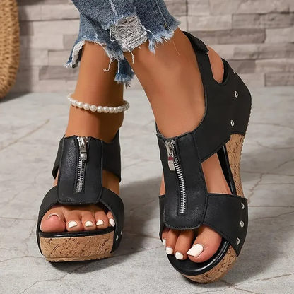 Sandalias de cuña retro con estilo y cremallera