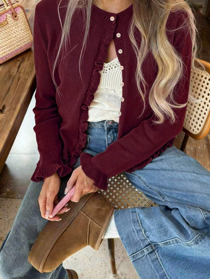 Elara | Cherry Red Ruffle Knit Cardigan