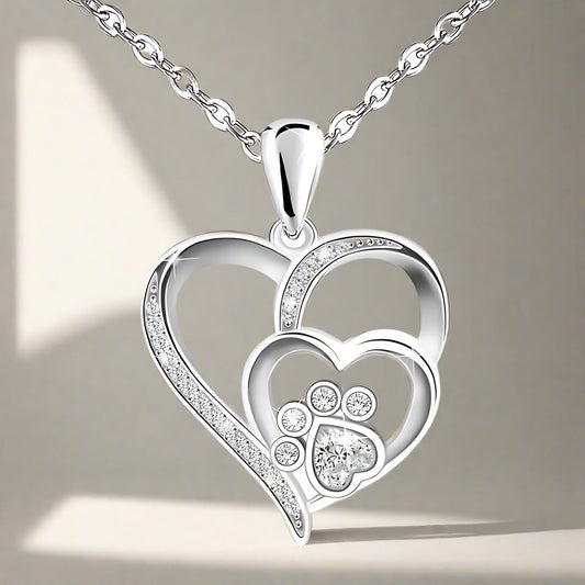 Zahira™ | Silver Necklace Paw Print & Heart with Zirconia Stones