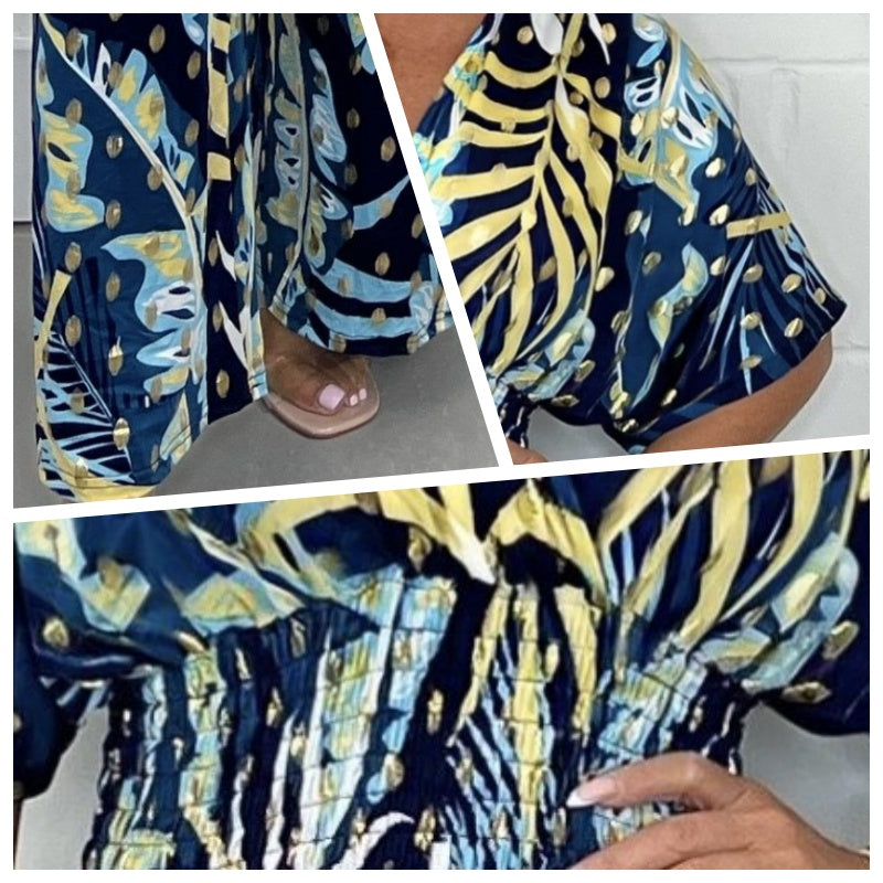 Jersey de verano elegante, estampado de hojas grandes, cintura elástica