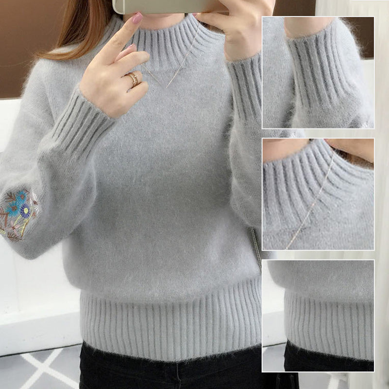 Cashmere Knitted Chunky Sweater with Floral Embroidery