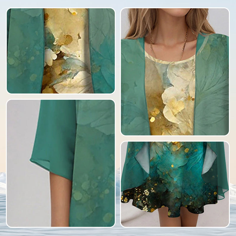 🌸Elegante conjunto de 2 piezas: blusa de media manga + vestido 