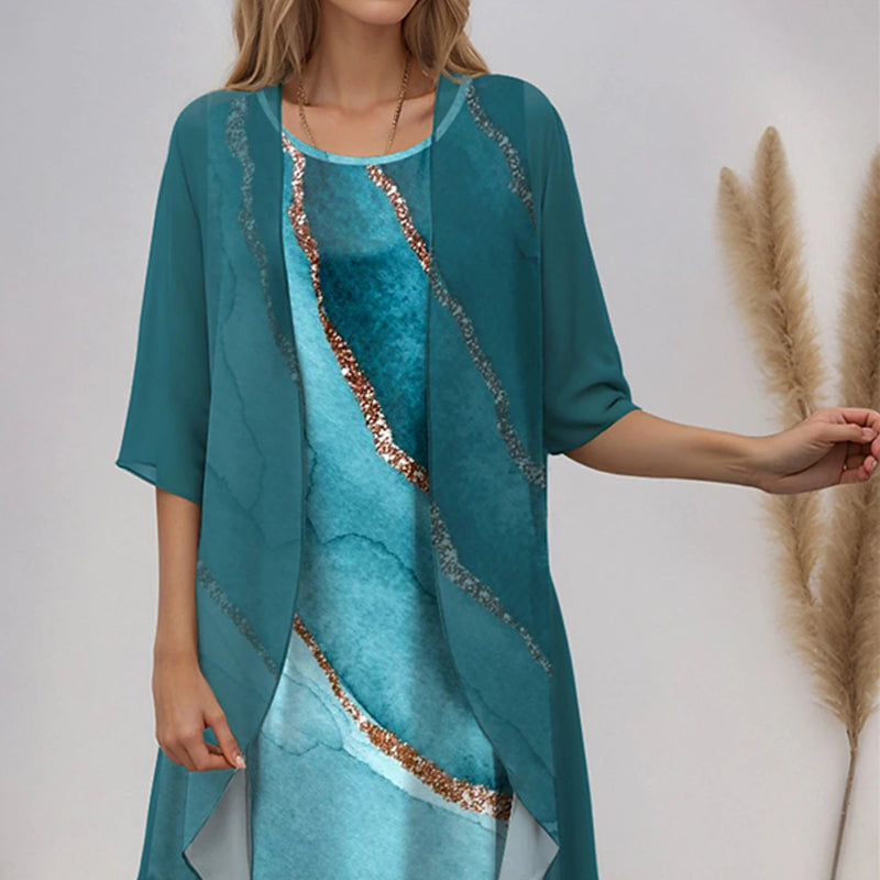 🌸Elegante conjunto de 2 piezas: blusa de media manga + vestido 