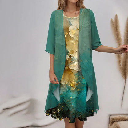 🌸Elegante conjunto de 2 piezas: blusa de media manga + vestido 