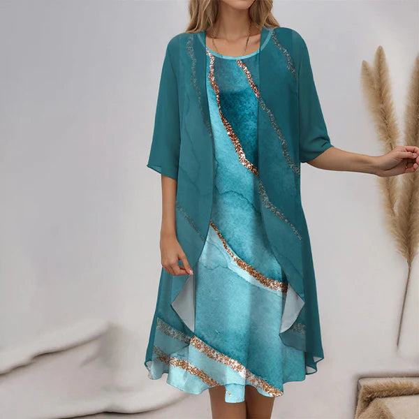 🌸Elegante conjunto de 2 piezas: blusa de media manga + vestido 