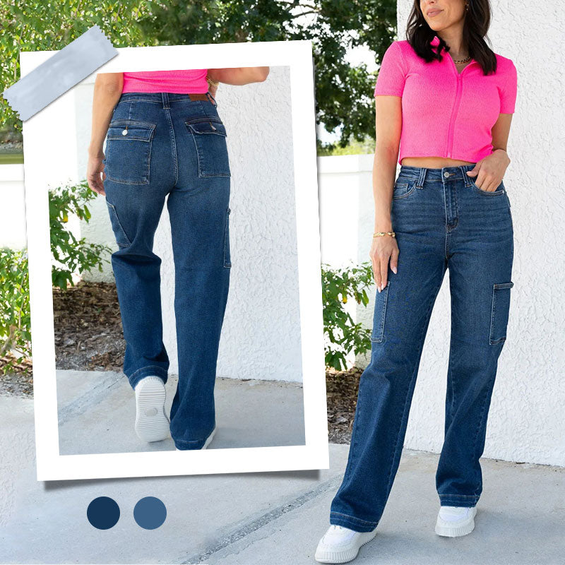 Vaqueros cargo elásticos de cintura alta y pierna ancha para mujer