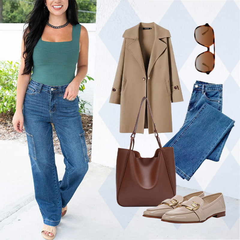 Vaqueros cargo elásticos de cintura alta y pierna ancha para mujer