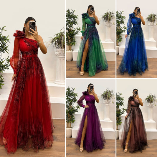 Vestido de malla estampada con hombros inclinados para mujer