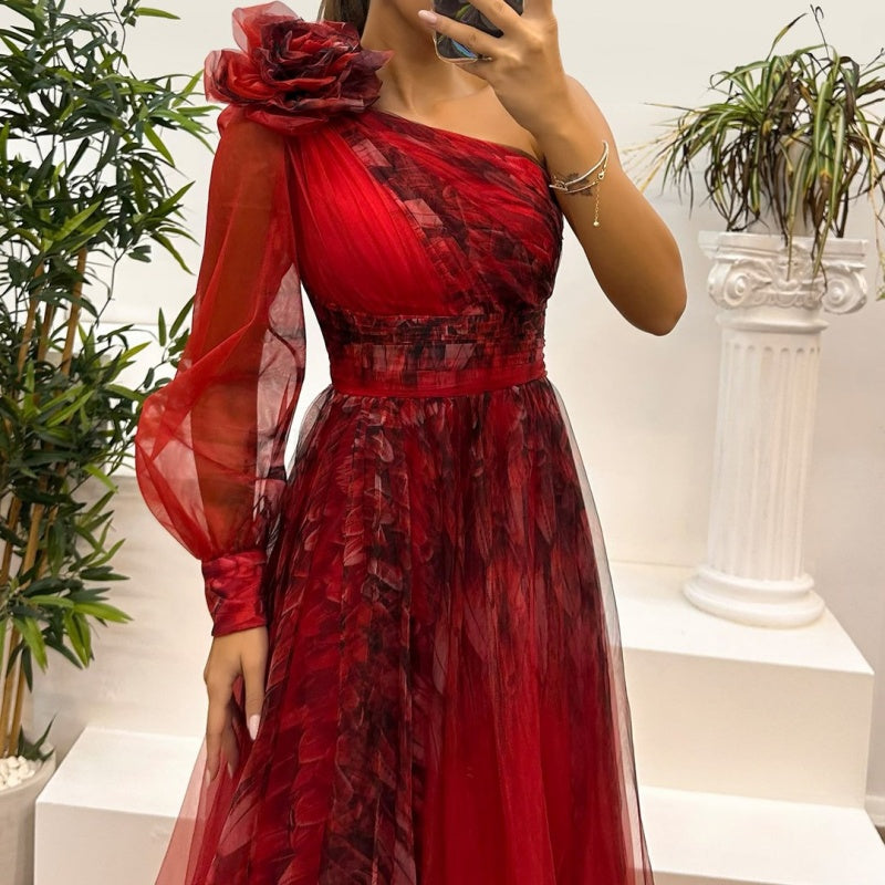 Women's Fashionable Printed Mesh Slant Shoulder Dress