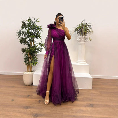 Women's Fashionable Printed Mesh Slant Shoulder Dress