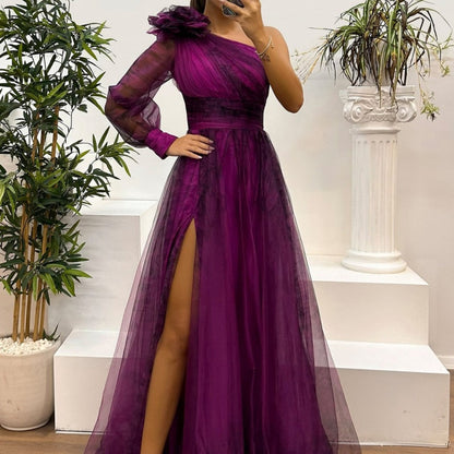 Women's Fashionable Printed Mesh Slant Shoulder Dress