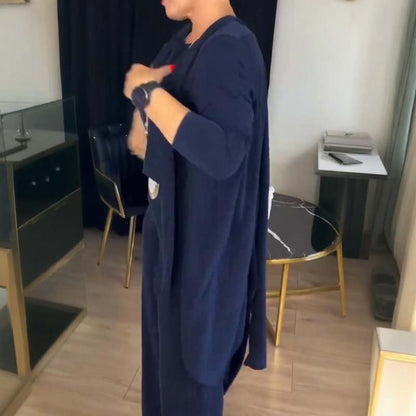 Elegante conjunto de 3 piezas con cárdigan largo, top y pantalón. ENVÍO GRATIS. 