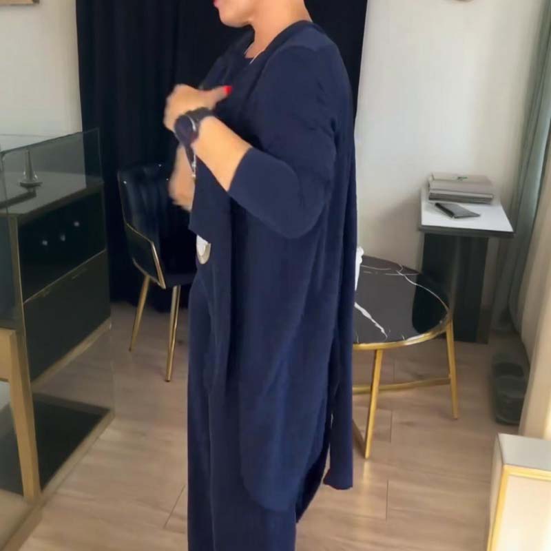 Elegante conjunto de 3 piezas con cárdigan largo, top y pantalón 